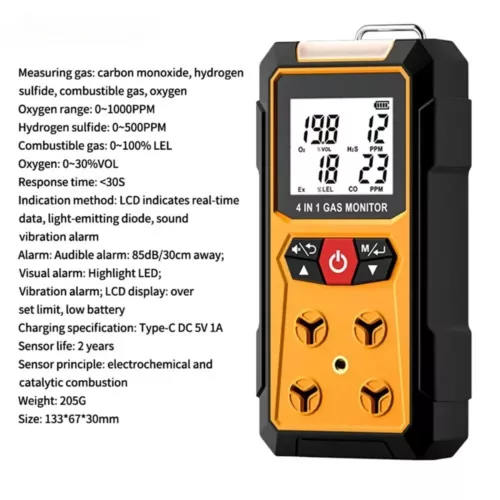 Detector de Gas Medidor 4 en 1 Oxígeno O2 Monóxido de Carbono CO Ex Analizador Combustible - Imagen 5 de 23