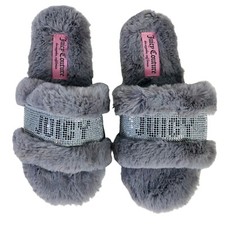 Juicy Couture Halo Grey Faux Fur Slippers Size 8 Rhinestone Band Open Toe Lounge