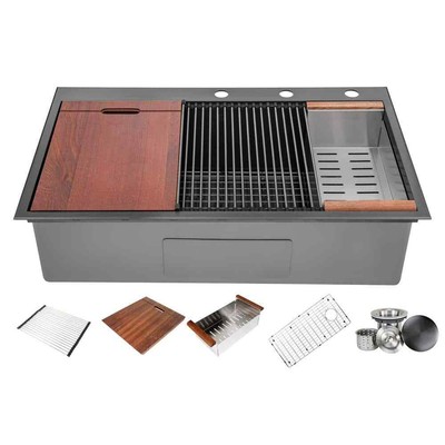 16-Gauge Nano Black Stainless Steel 36 in.Single Bowl Drop-In Workstation Kitc