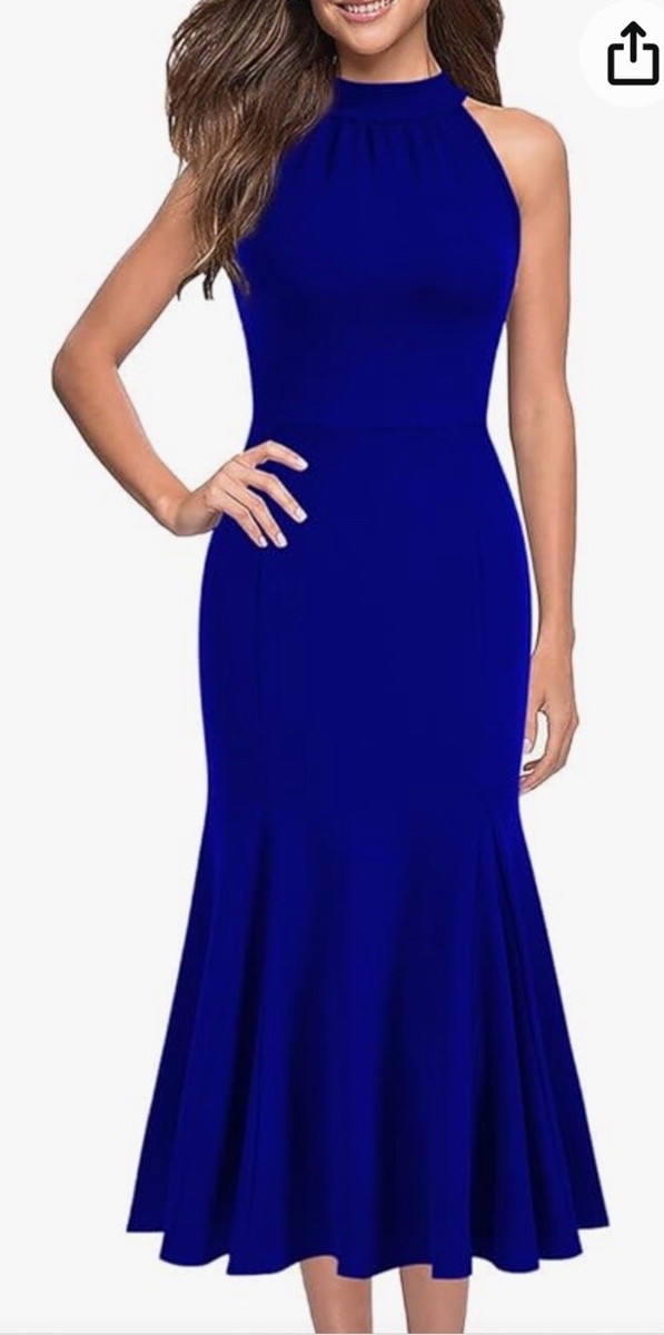 blue high neck formal dress Royal Blue Satin V-neck Strapless High Slit Formal Dresses, CP1054 – clover  sew main image 1