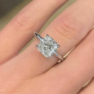 Solid 14k White Gold Moissanite Solitaire Engagement Ring 2.00 CT Cushion Cut
