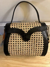 NWT Maria Antonietta Black Leather and Woven Rattan Satchel Bag