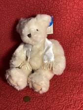 8" sitting Russ Shalom Bear white cream plush stuffed w/ yamika satin tallit tag