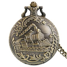 Bronze Locomotive Pocket Watch Steam Train Railway Quartz Watches with Chain
