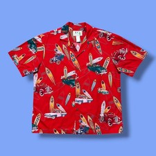 Vtg Hawaiian Shirt Surf Print Classic Car Camp Collar 90s Cotton Red Mens Large