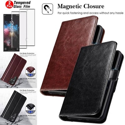For Samsung Galaxy S22 S21 S20 Ultra Wallet Leather Case Cover / Tempered Glass