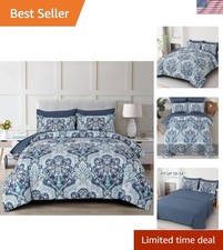 Soft Lightweight Blue Paisley Comforter Set - 7 Pieces for Queen Beds