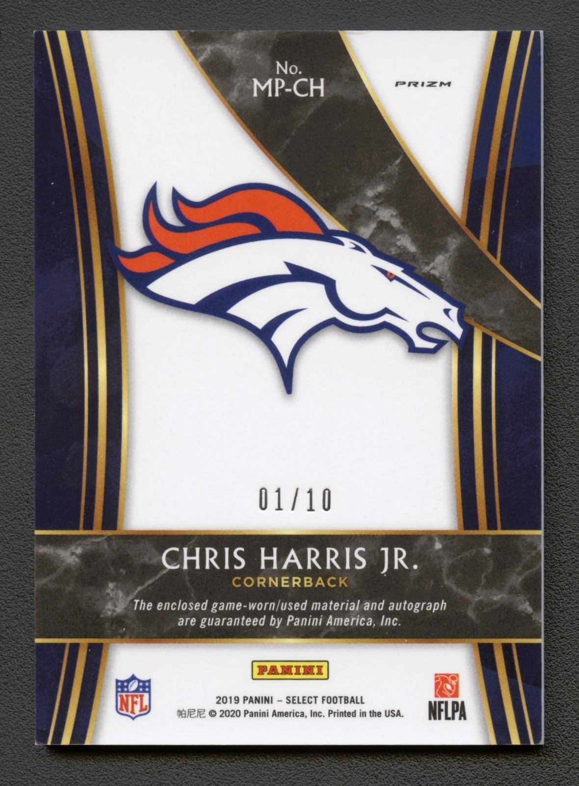CHRIS HARRIS 2019 SELECT GOLD PRIZM REFRACTOR BRONCOS PATCH AUTO #1/10 GAME-USED view 2