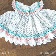 Crocheted Baby Dresses 15" long in White With Pink and turquoise.