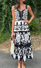 π$360 FARM RIO BLACK & WHITE SUMMER CUTOUT COTTON MIDI DRESS SZ XL BEAUTIFUL!