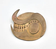 Vintage Artisan Abstract Brass Brooch Modernist Brutalist Pin 2-3/4"