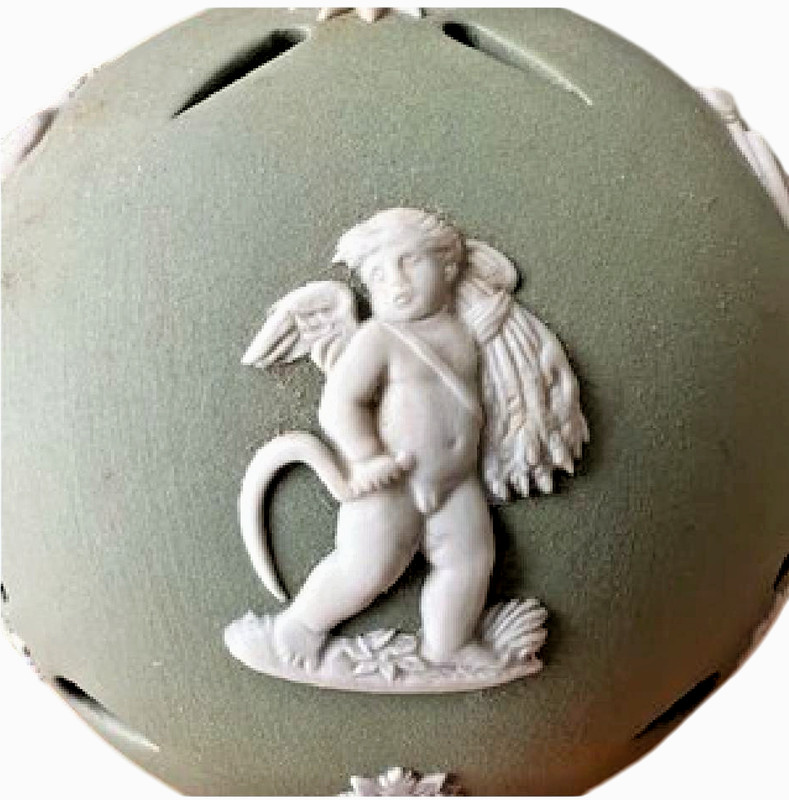Wedgwood Sage Green Jasperware Pomander with white Cherubs and floral relief