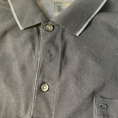 Olymp-Mens Size: LARGE-Black Polo Shirt White-Black-Grey Collar Stripes SS