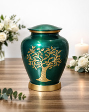 Handcrafted Tree Urn Green Gold   Adult Ashes Urn   Elegant Memorial Urn