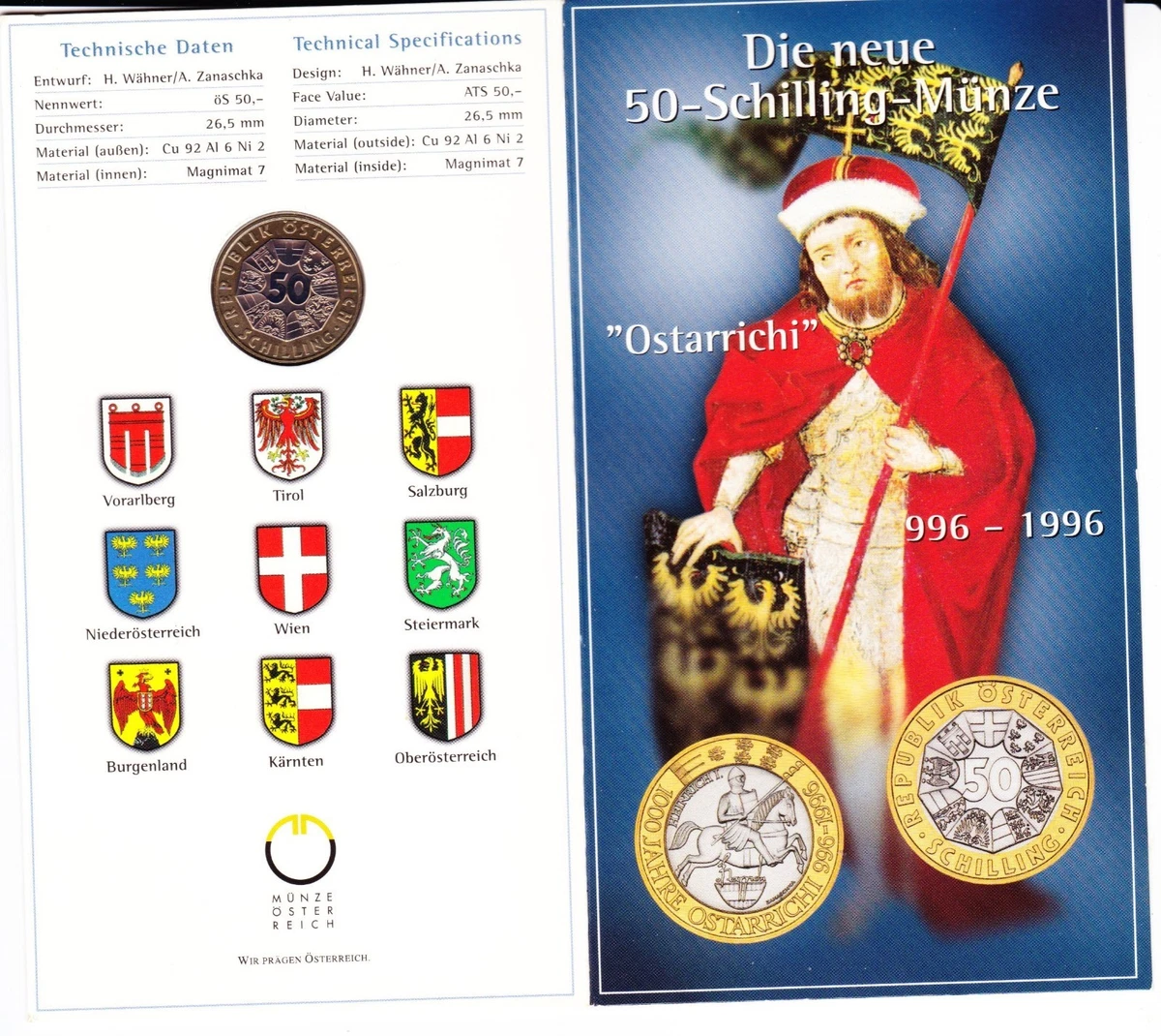 50 Schilling-Münze  - Österreich - 1996 - "Ostarrichi" 996 - 1996