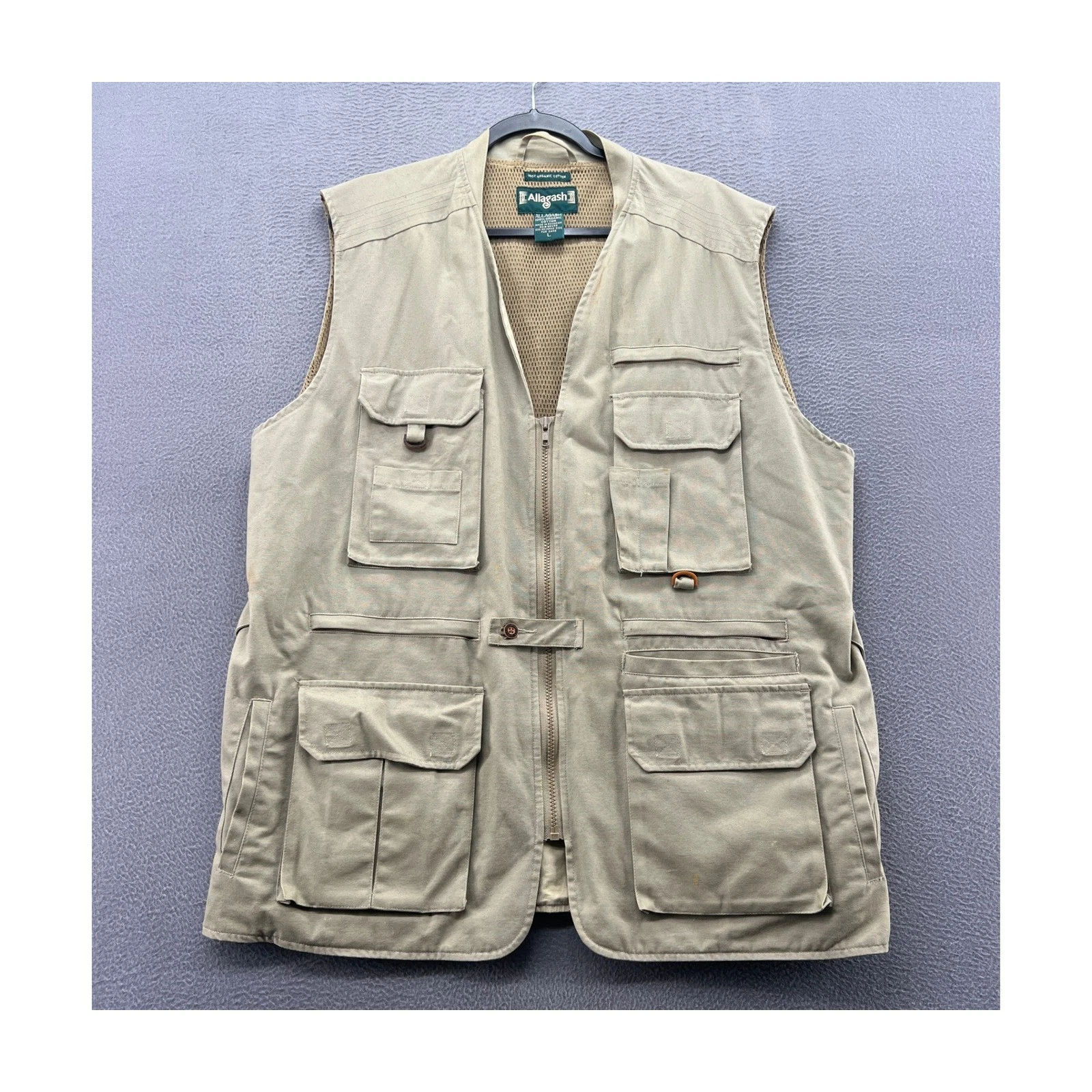 Allagash Mens Khaki Organic Cotton Multi Pocket Safari Fishing Utility Vest L