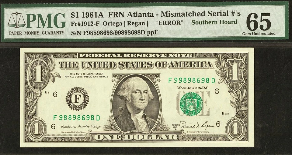 1981A $1 FRN Atlanta - High Serial - PMG 65 - Mismatched Serial Number - 98/99 - Image 2 of 3