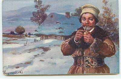Poland - Illustrator - Man lighting a pipe in front of a house in the snow