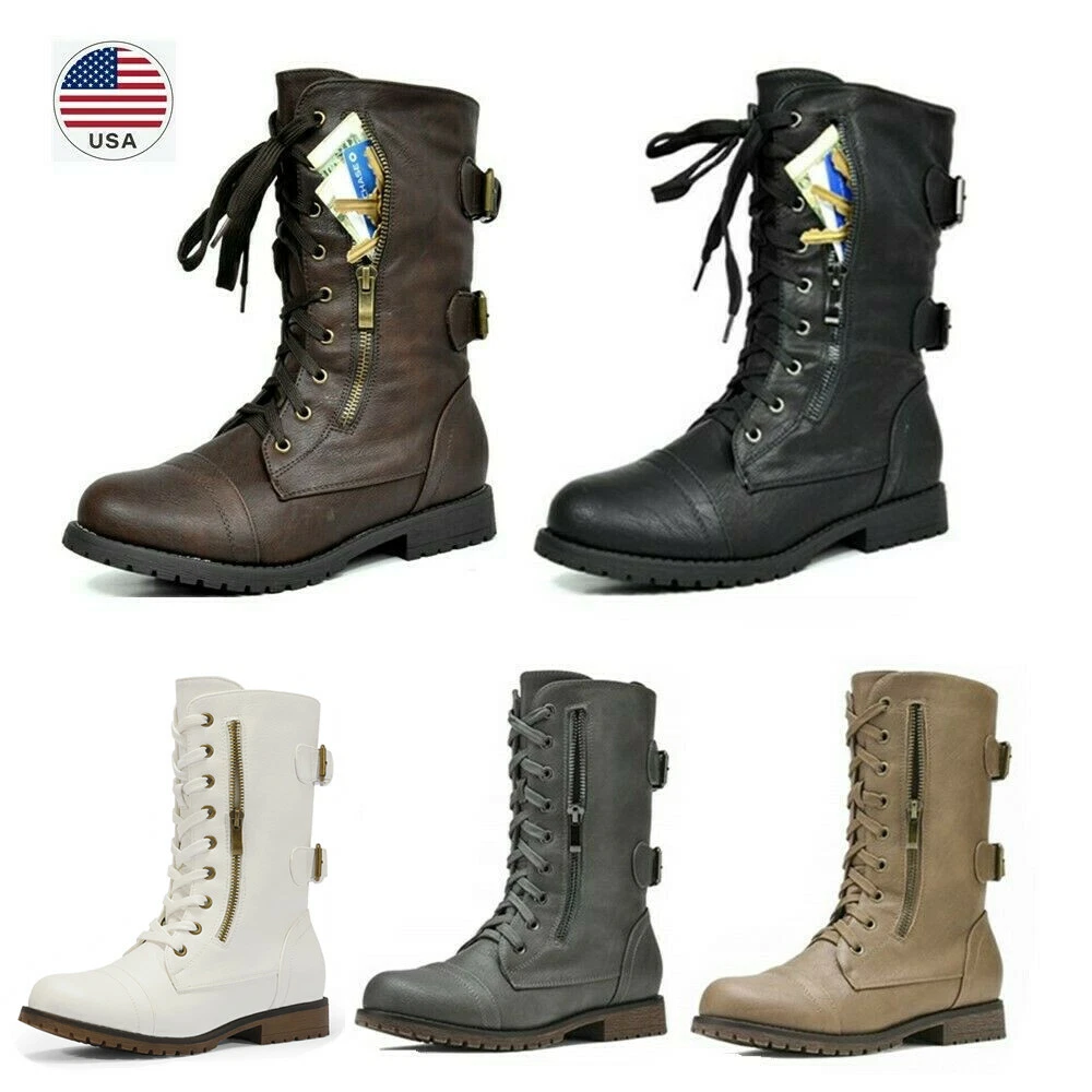 Women s Lace Up Mid Calf Military Boots Buckle Low Heel Combat Motorcycle Bootie