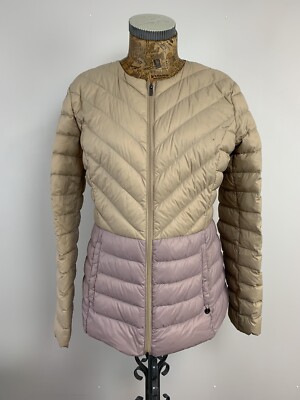 BENETTON PUFFER JACKET Round Neck Soft Light Down Beige Pink Chevron Women SMALL