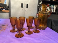 Amber Colored Pitcher and 6 Tasting Glasses with Stems