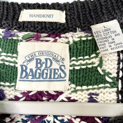 Vintage BD Baggies Hand-knit Grannie Square Linen Blend Sweater 