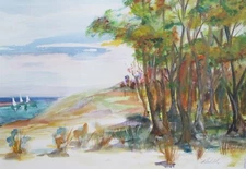 Sailboat bay seascape original watercolor harbor art 12x17 boat Delilah Art