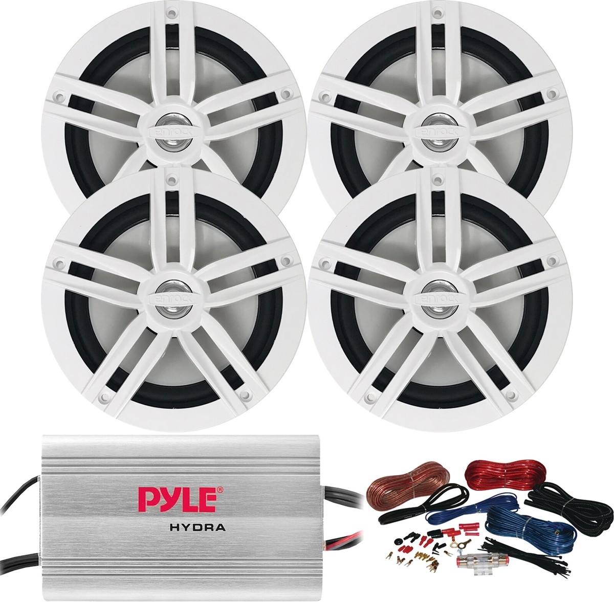 x Enrock EM265W White Speakers, 4-Channel 400W Amplifier w