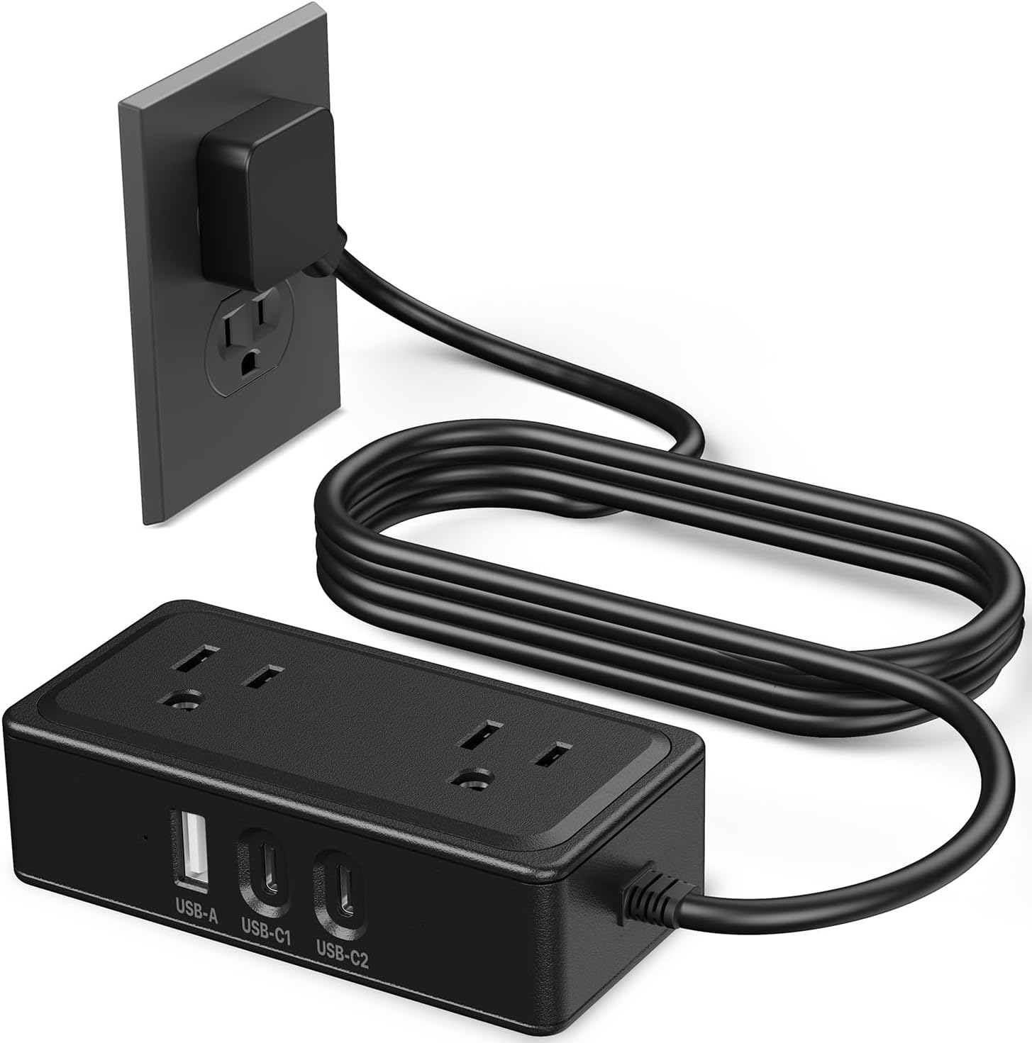 Flat Plug Power Strip, 4Ft round Extension Cord, 2 Outlets 3 USB Ports (2 USB C)