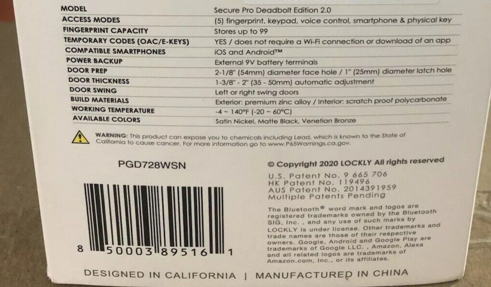 Lockly Deadbolt Smart Door Lock Bluetooth Fingerprint WiFi  PGD728WSN Fact Seal