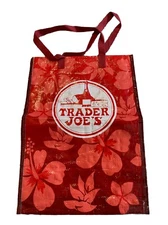 Trader Joe's Reusable Shopping Bag Red Hibiscus Retired Tote Grocery
