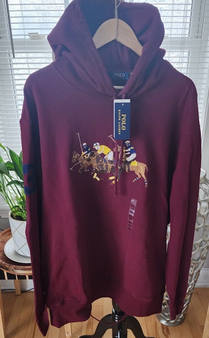 Felpa con cappuccio pullover Polo Ralph Lauren uomo XXL borgogna e verde 3 pony grafica pile