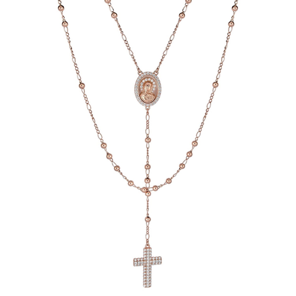 Rosary Beads Iced CZ Cross Necklace Rose Gold Plated & Real 925