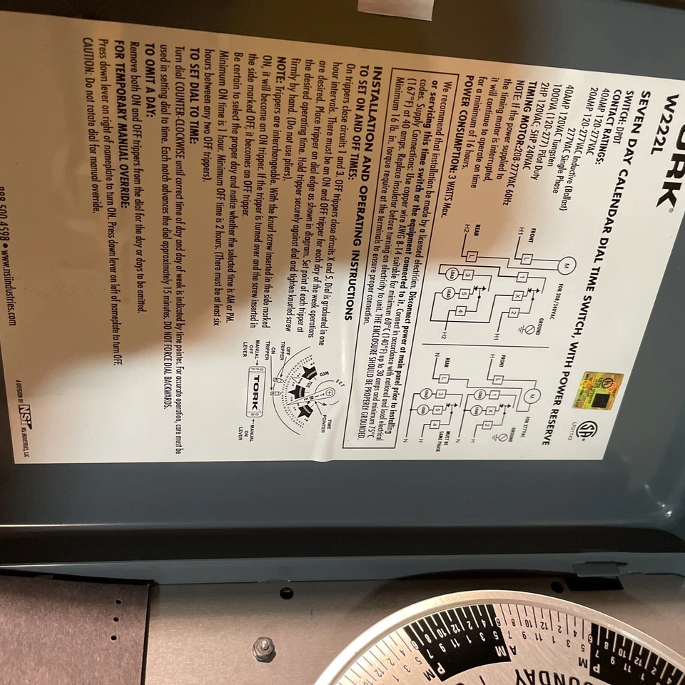 (C) Tork W222L 7 Day Reserve Power Time Switch 40A 208-277VAC DPDT Enclosure⚡️ - Image 3 of 4