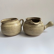 Vtg two matching stoneware jugs.  MCM style.  Rustic/Farmhouse/Cottagecore.