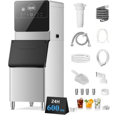 Commercial Ice Maker Machine 600 Lbs/24H with 400LBS Large Storage Bin Ice Ready