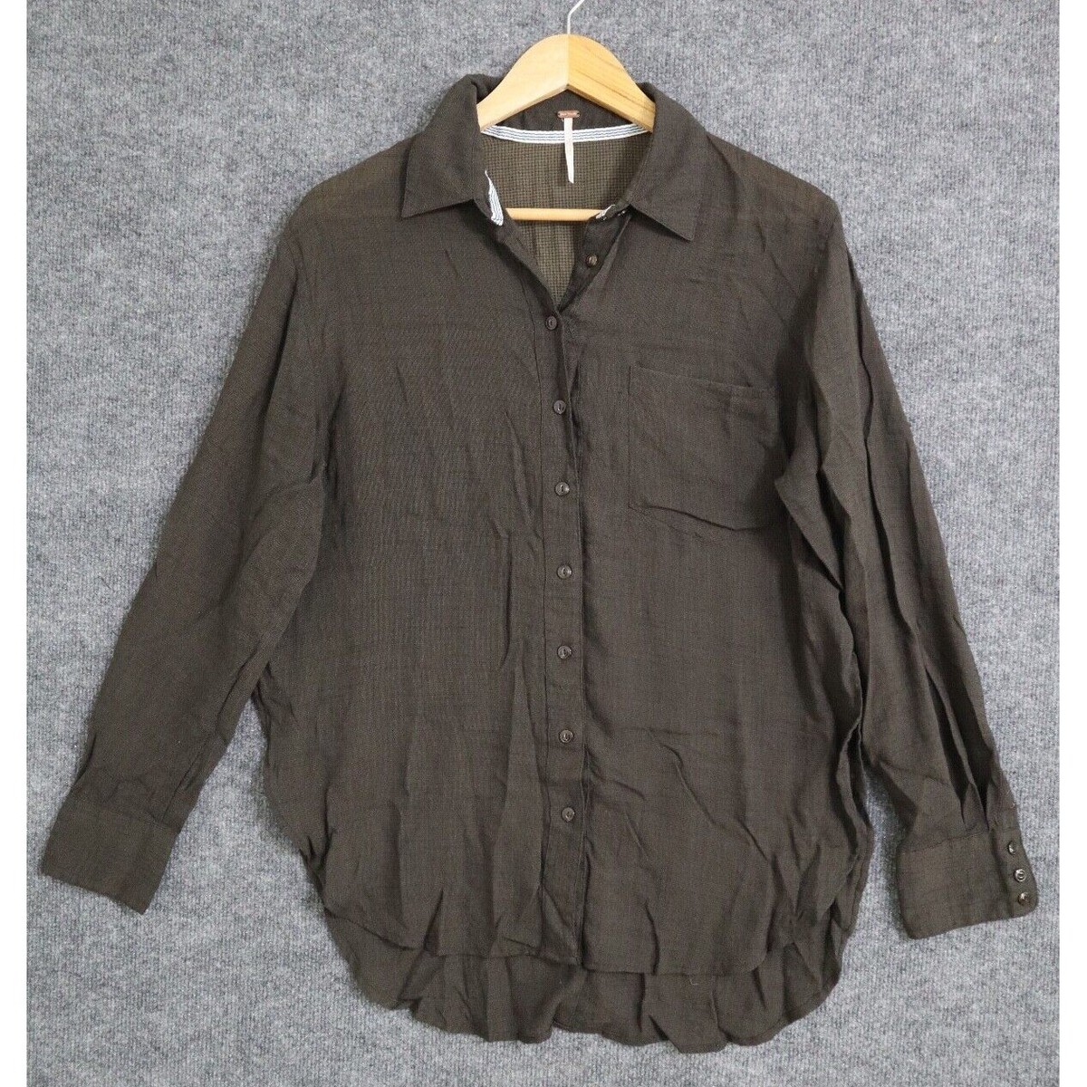 Free People Shirt Women Small Gray Long Sleeve Button Up Hi Low