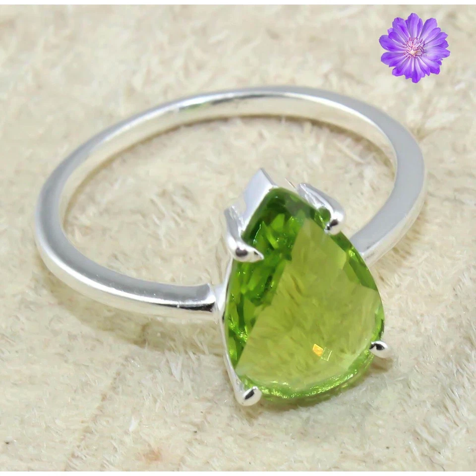 Green Peridot Gemstone 925 Sterling Silver Handmade Jewelry Ring Gift For - Image 3 of 4