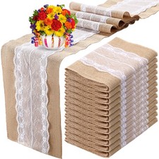 Chumia 12 Pcs 12 x 108 Inch Burlap Table Runners - White Lace
