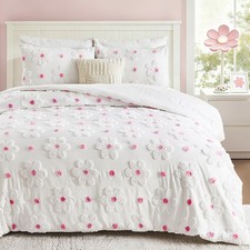 2 PCS Pink Twin Tufted Daisies Floral Comforter Set Kids Girls Bedding Set