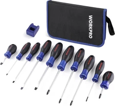 WORKPRO 10-Piece Magnetic Screwdriver Set with Pouch, Phillips, Slotted, Flat He