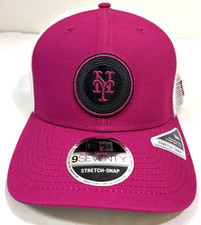 New York Mets MLB NE Stretch-Snap Snapback Trucker Hat~Raspberry/White