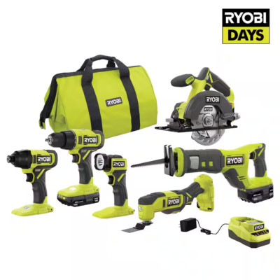 Ryobi 18V Cordless 6-Tool Combo Kit with 1.5 Ah Battery, 4.0 Ah Battery Charger