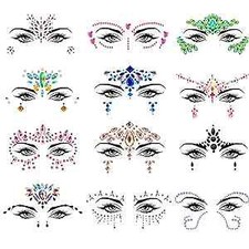 12 Sets Face Jewels Mermaid Rhinestones Stick on Temporary Tattoos Body Vivid