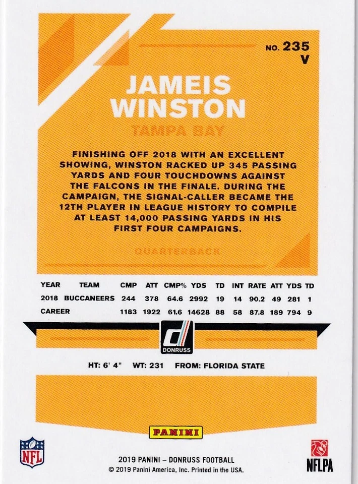 2019 DONRUSS BLUE PARALLELS VARIATIONS JAMEIS WINSTON BUCCANEERS - F681 - Image 2 of 2