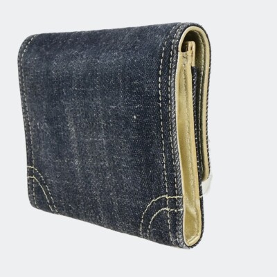 CHANEL CC Logo Stitch Flap Wallet Purse Denim Leather Blue Gold