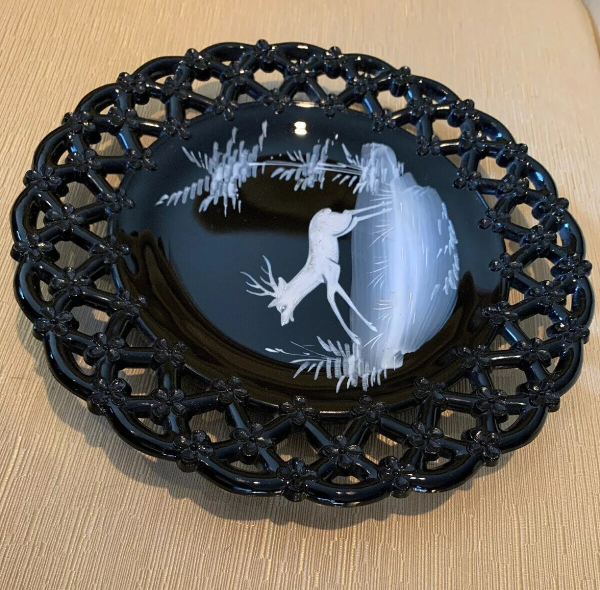 VTG Westmoreland Mary Gregory Black Lattice Glass Plate Deer Stag