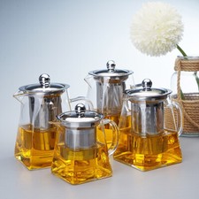 UK Heat Resistant Clear Glass Teapot Jug With Infuser Coffee Tea Leaf Herbal Pot