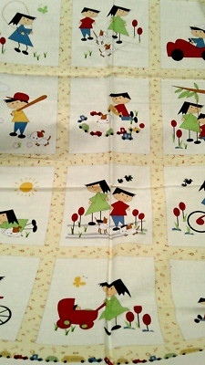 FABRIC NEW Red Rooster Quilt Panel Kids Playing Baseball Biking w/Extras $8.95