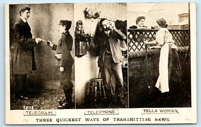 POSTCARD RPPC Three Quickest Ways of Transmitting News Telegram Telephone Woman